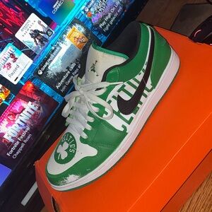 Custom themed Nike Jordan’s, Celtics Green and White Sneakers with Black Logo